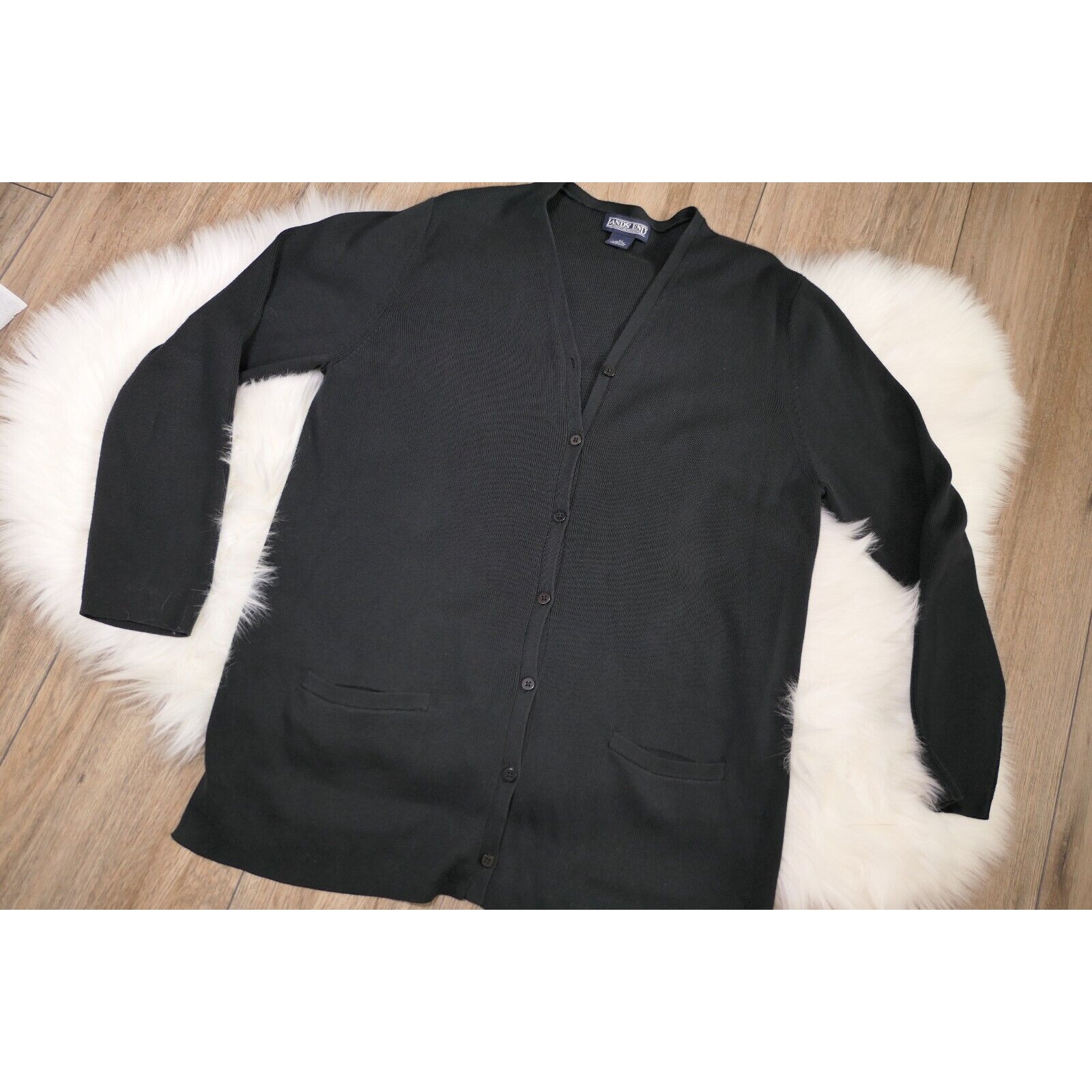 Lands End Direct Merchant Vintage Cardigan Black Womens Medium 1012 Cotton